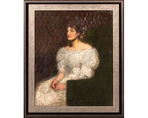 Debutant, portret van een jong meisje, olie op canvas door Ernest George Beach (1865-1943) 2